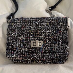 Black Tweed Crossbody Mini Bag with Multicolor Fleck